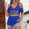 T-shirt décontracté pour femme à épaules dénudées et bretelles à nouer, col en V, manches courtes, haut d'été avec imprimé USA et coupe ample pour un usage quotidien