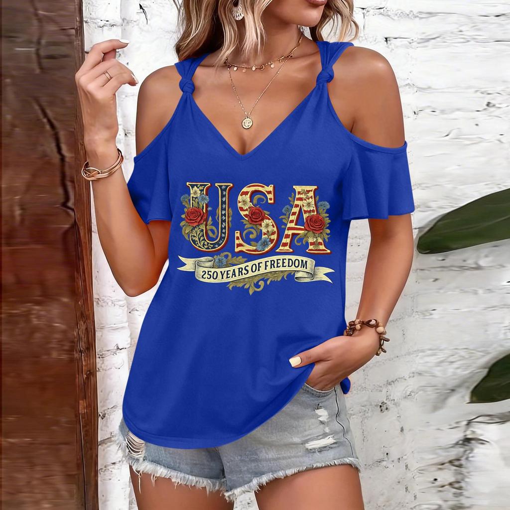 T-shirt décontracté pour femme à épaules dénudées et bretelles à nouer, col en V, manches courtes, haut d'été avec imprimé USA et coupe ample pour un usage quotidien