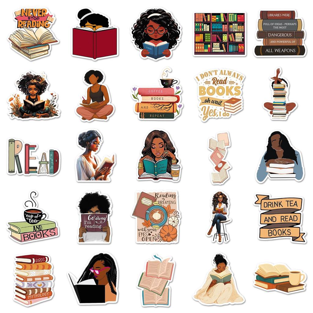 50 Reading Girl Bookworm Retro Stickers - Waterproof Decorative Journal Stickers