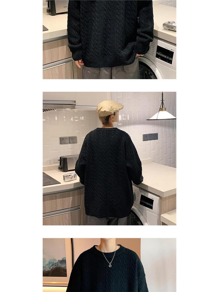 Men's Cable Knit Crew Neck Sweater, Loose Fit, Retro Hong Kong Style, Trendy Casual Knitwear for Autumn and Winter.