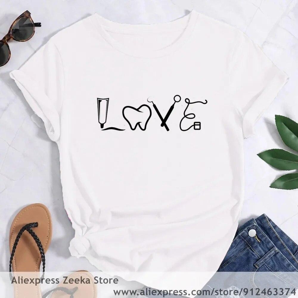 Zahn und Zahnarzt Grafik Ästhetik Frauen Lustige Print Damen T-shirt Mädchen Y2K Harajuku Basis O-kragen Weißes Hemd Kurze
