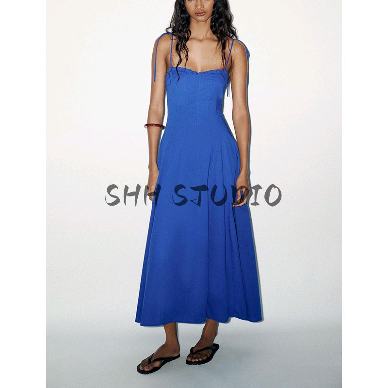 Summer New Product Women's Clothes French Laminated Decoration V Neck Bowknot Decoration Poplin Midi Skirt Dress 3152317