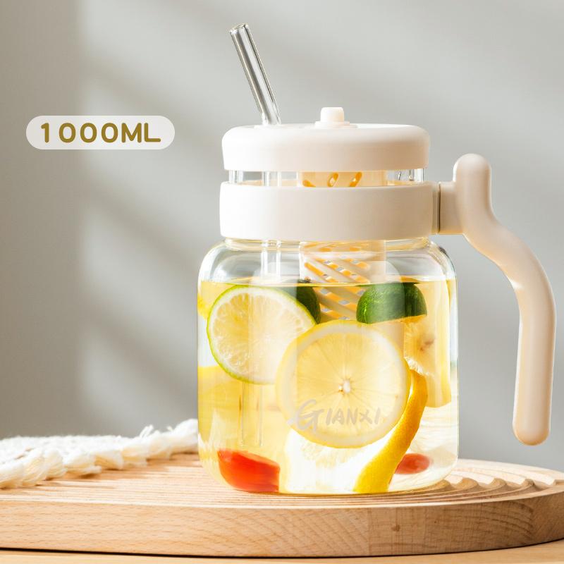 1000ML Sklenice s víčkem a brčkem Domácí kuchyně Průhledný tumbler s brčkem Šálek na kávu s uchem Láhev na vodu
