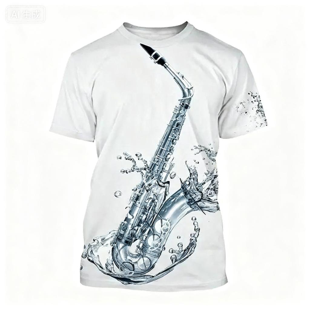 Summer Round Neck 3D Saxophone Pattern Print Top Fashionable Casual Short Sleeved Men's T-shirts
