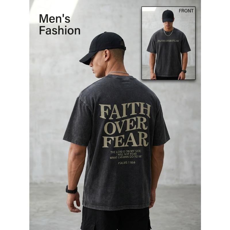 T-shirt Vintage Lavata da Uomo, Fede Sopra la Paura Salmi 118:T-shirt a maniche corte con grafica testuale a doppia faccia, Top casual Fede Cristiana
