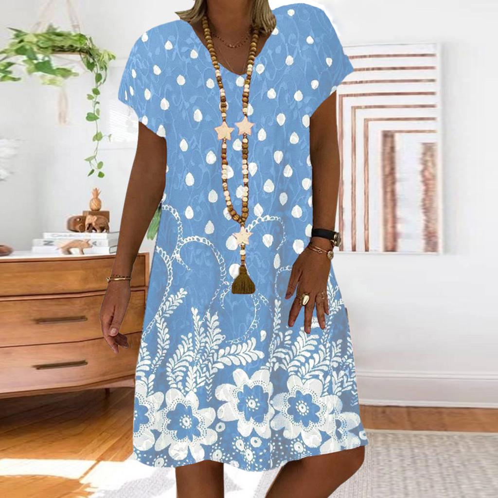 Fashion Women Casual Loose Dot Floral Print Patchwork V-Neck Short Sleeves Dress