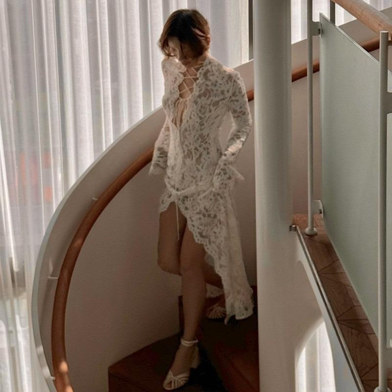 Autumn and Winter Women's New Sexy Lace Hollow Deep Neck Strap Split Slim Sleeve Long Sleeve Dress