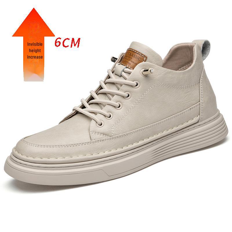 Zapatillas de Hombre de Piel de Vaca con Suela Gruesa: Zapatos de Moda de Caña Baja, Casuales Británicos de Cuero, Talla Grande, que Aumentan la Altura