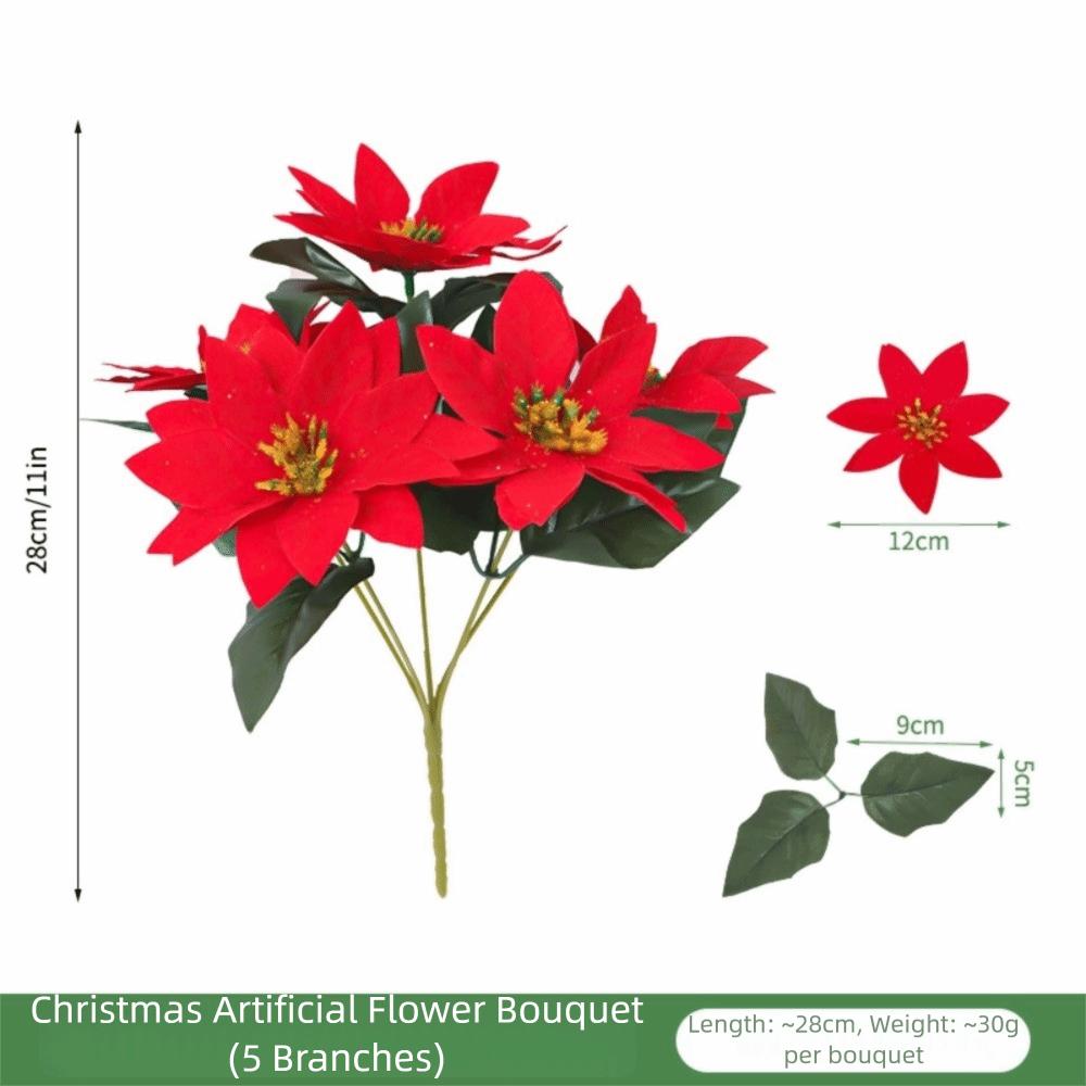 5 Köpfe Bund Künstlicher Weihnachtsstern-Strauß Roter Weihnachtsstern Kunstblumen Weihnachtsdekoration Realistische Topf-Ornamente