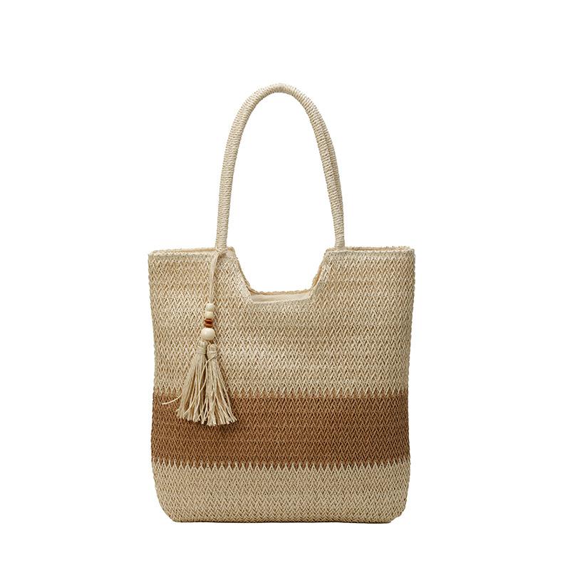 Fashion retro beach vacation woven contrasting color women's tote bag new versatile women's shoulder handbag