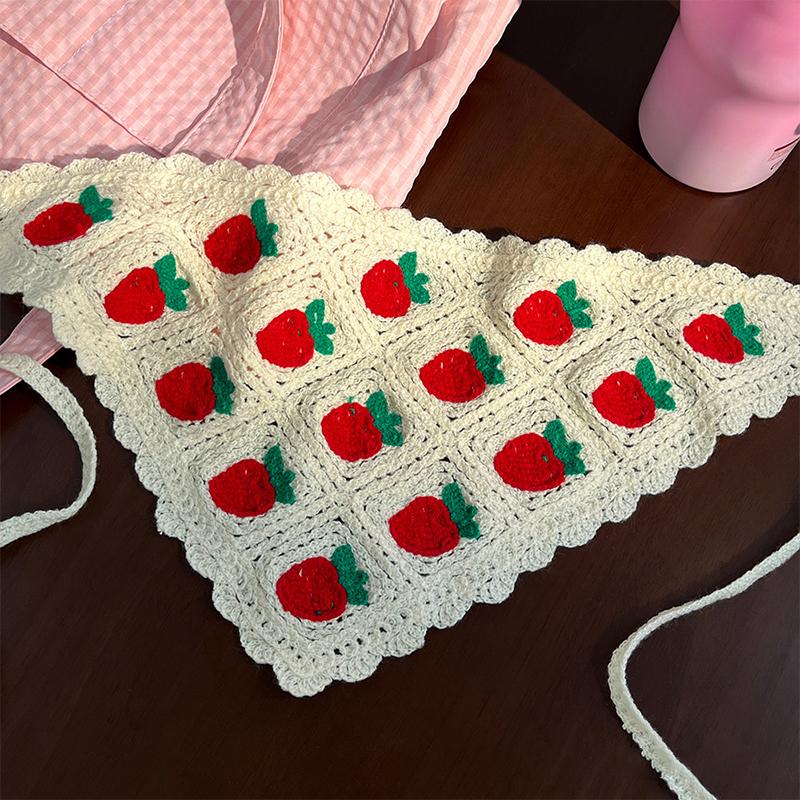 Sweet Cute Strawberry Cherry Handmade Crochet Hollow Triangle Headband Towel Women Spring Summer Travel Photo Hair Scarf