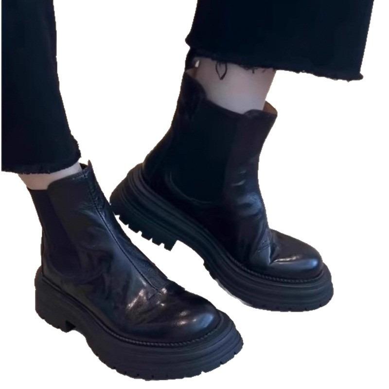 Spring and Autumn Single Boots Retro Round Head Platform Martin Boots Women's Thick Heel Short Boots Chelsea Boots Smoke Boots