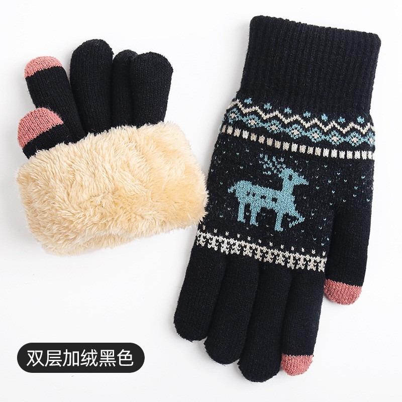 Knitted gloves, women's autumn and winter warm outdoor cycling cold-proof double-layer velvet thickened, touch screen gloves