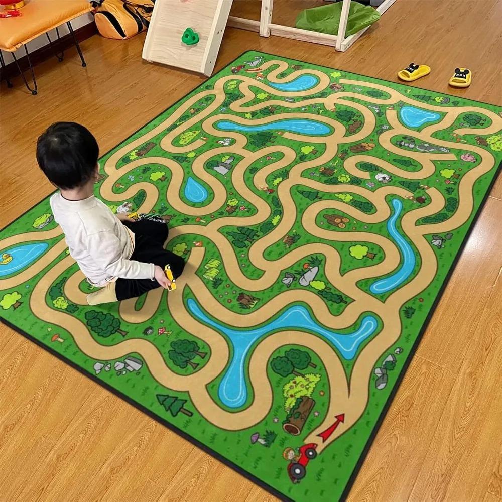 Complex Racing Track Kids Rug Multi-Loop Car Play Mat Children's Playroom Educational Traffic Carpet
