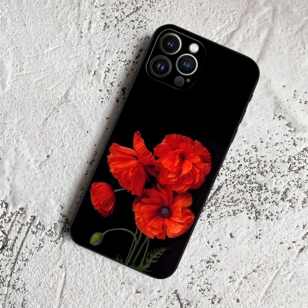 Poppy Flower Bloom Phone Case for Iphone 15 14 13 12 11 Pro Max Xr X Xs Mini 8 Plus SE 2022 Black Soft Silicone Cover