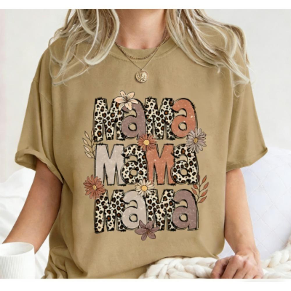 Fashion Funny Leopard Letter Mama Colorful Print Women's Short Sleeves T-Shirt Loose Casual Summer Outdoor Street Women's Tees Tops