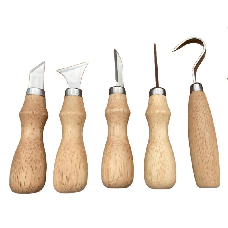 5Pc Wood Carving Tools Set Oak Handle Curved Knife For Arts Crafts Tools For Hand Carving Wood Sharp Portable Natural Wood Color A