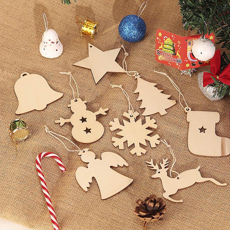 Wooden Christmas Hanging Ornaments Snowman Snowflake Bell shaped Pendant For DIY Craft Home New Year Christmas Tree Decoration