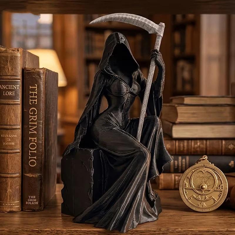 Female Grim Reaper Resin Statue Gothic Sitting Sculpture With Scythe Dark Aesthetic Decor For Home Office And Bookshelf