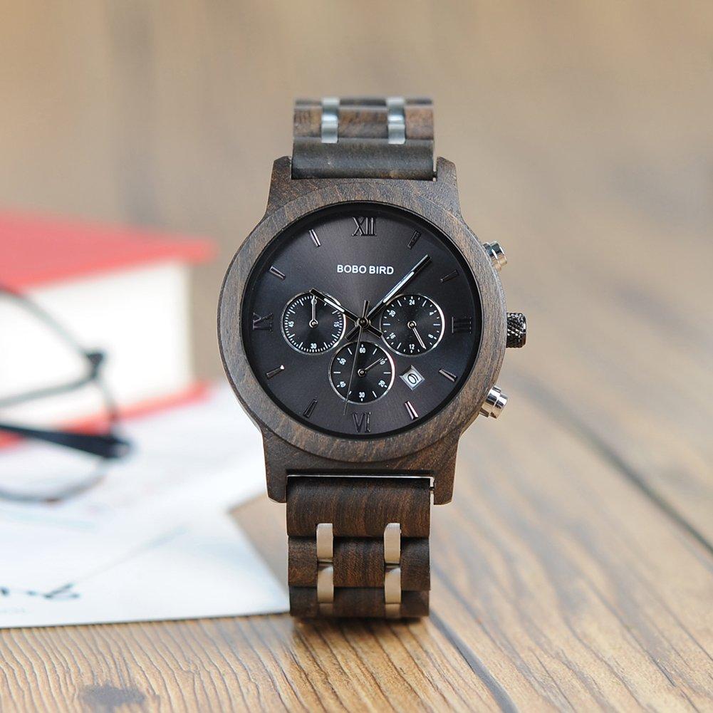 BOBO Bird Men's Wooden Watch with Luxury Wood and Metal Strap, Chronograph, Date Display, Quartz Movement, Versatile Men's Watch, Medium Size, Black