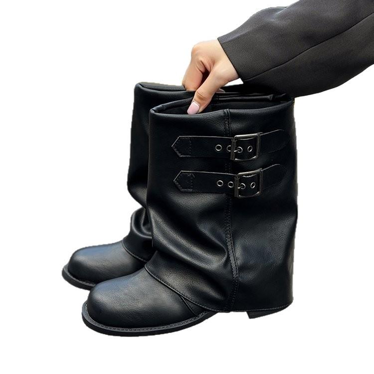 Pleated Pile Boots Women's 2025 New Black Maillard Medium Boots Women's Leather Western Boots Locomotive Martin Boots