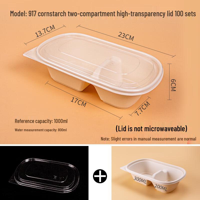 Disposable Double-Compartment Plastic Takeout Containers (100 Sets)