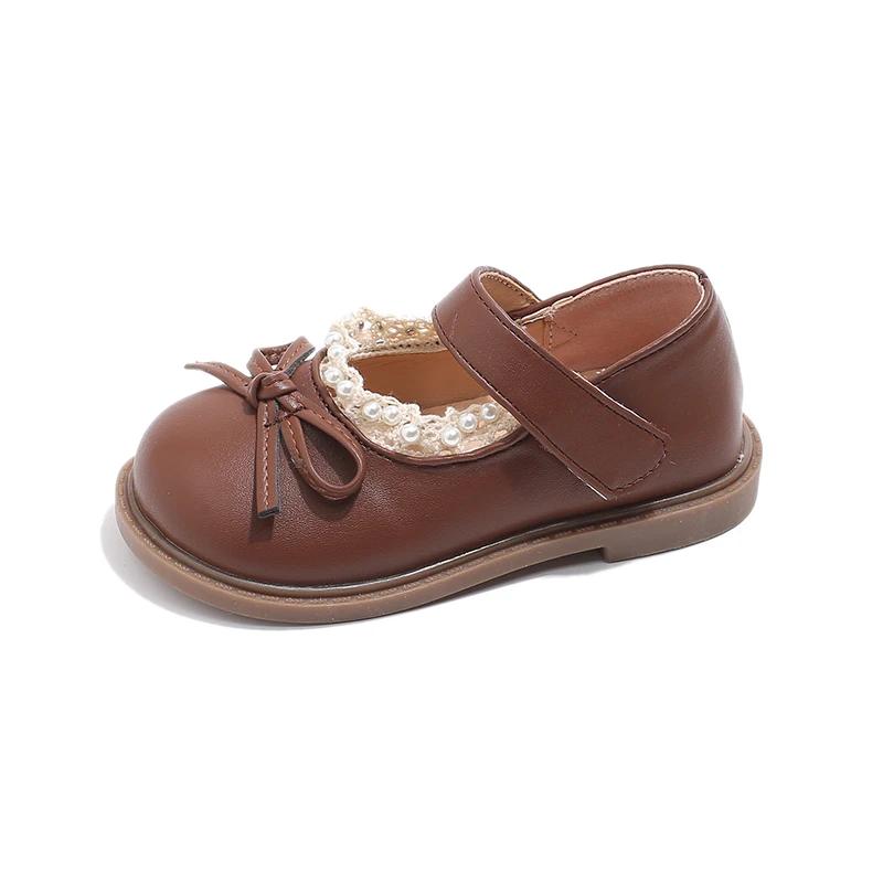 

New Girls Princess Leather Shoes Kids Party Shoes Elegant Sweet Versatile Children Bowknot Flat Shoes for Wedding Performance 30 коричневый