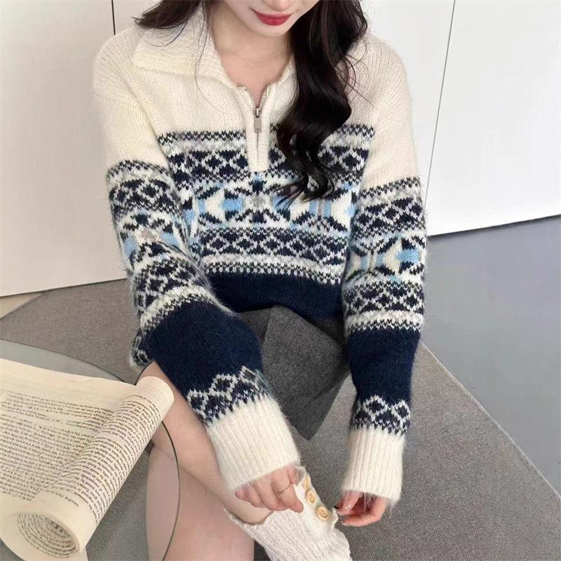 Women's French Fair Isle Color Block Half-Zip Knit Pullover Sweater - Autumn/Winter 2026