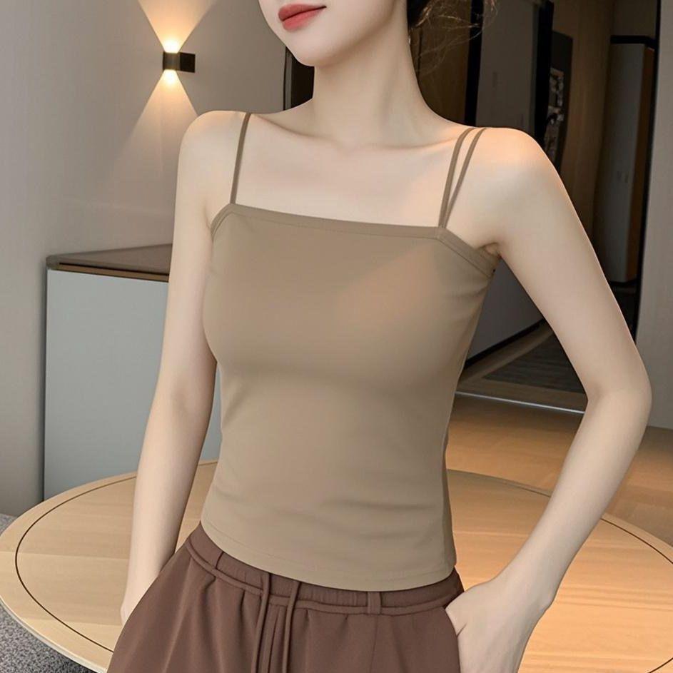 Women's Stylish Double Strap Camisole with Chest Pads - Beautiful Back and Sleeveless Form-Fitting Top