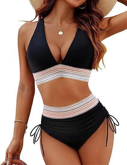 New deep V tight split swimsuit women s sexy high-waisted bikini swimsuit S чёрный