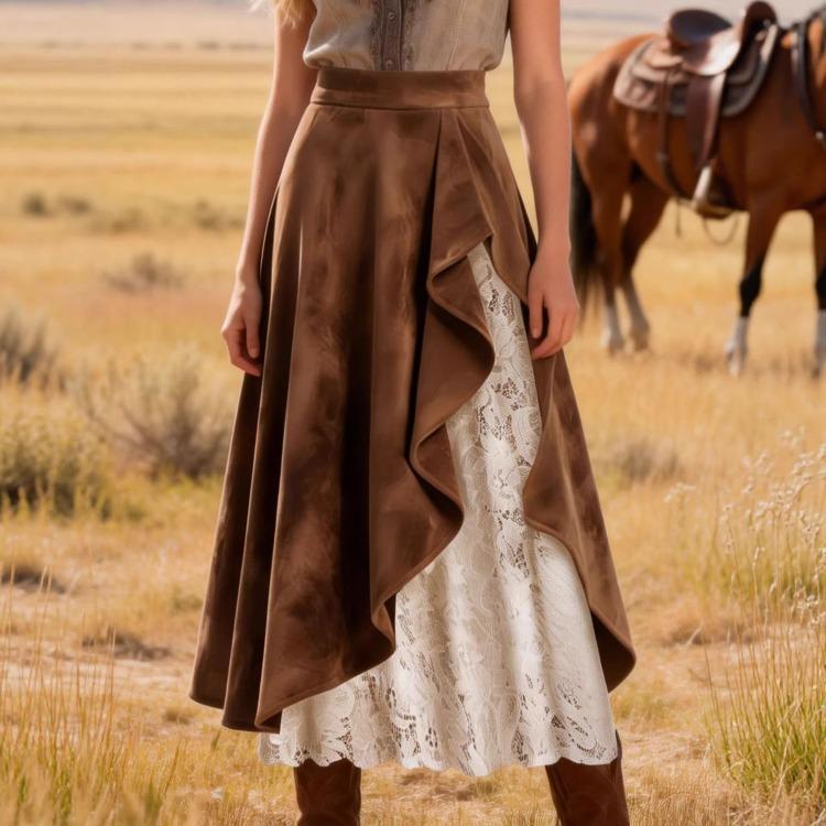 Women’s Unique Street-style Denim Skirt with A Retro Western Vibe Featuring Suede and Lace Panels
