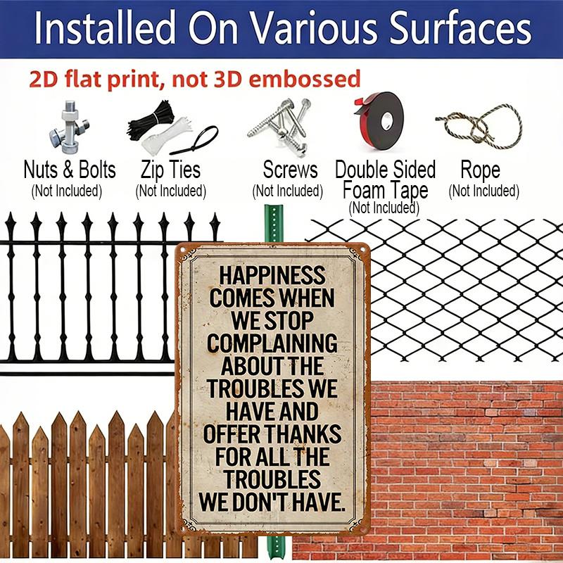 2D Flat Vintage Rustic 'Stop Complaining Happiness Is Coming' Aluminum Sign - Waterproof & Weatherproof Tinplate Wall Decor with Inspirational Quote