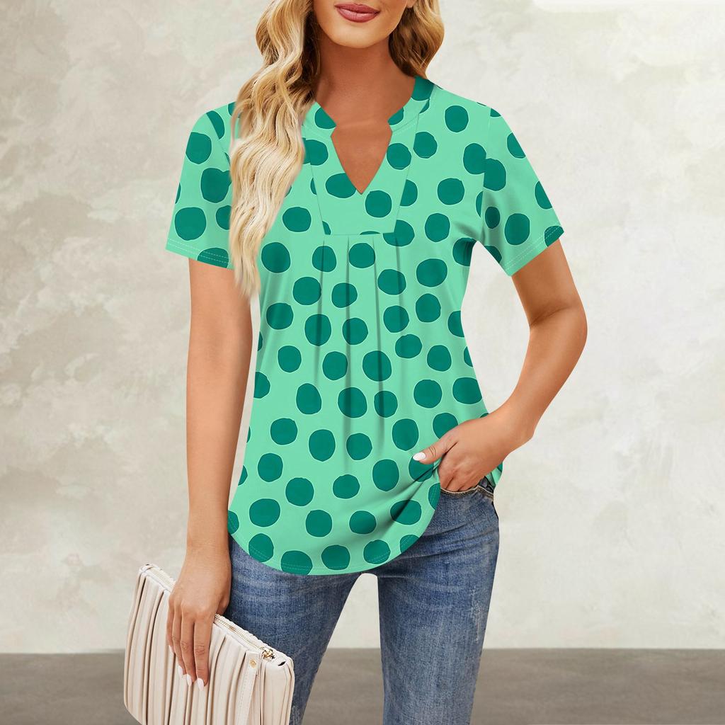 Women's Short Sleeve Casual V-neck Chest Pleated Printed Loose T-shirt Top