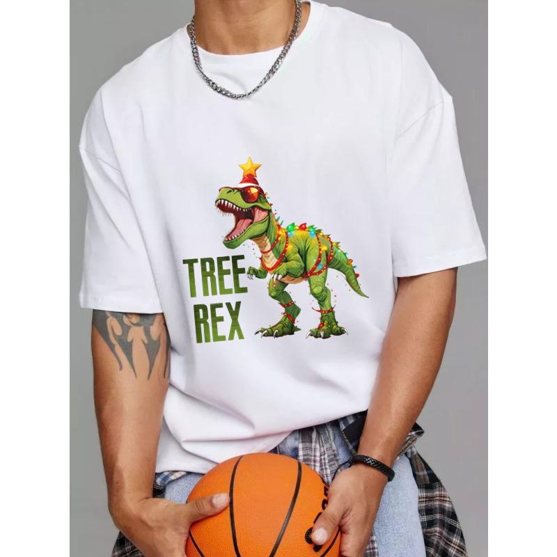Rundhals T-Shirt Weiß Baum Rex Dinosaurier Weihnachtsdesign Feiertagsparty Freizeitkleidung