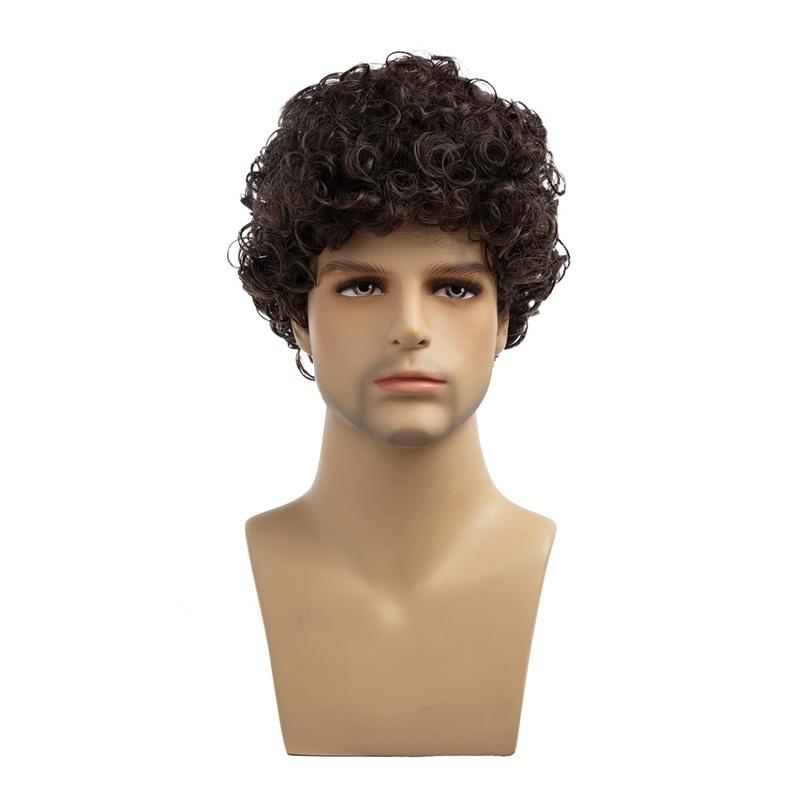 Synthetic Short Brown Wig for Men Afro Messy Perm Curly Haircut Handsome Cool Wig with Bangs Cosplay Carnival Party