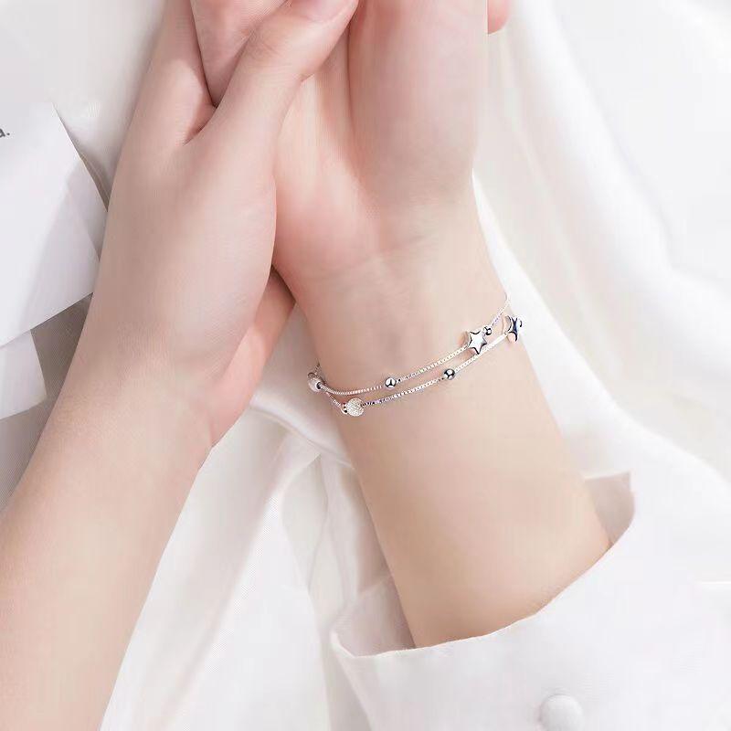 925 Sterling Silver Bead Chain Bracelets For Women Korean Sweet Double Layer Beautiful Stars Bracelets Original Jewelry Gifts