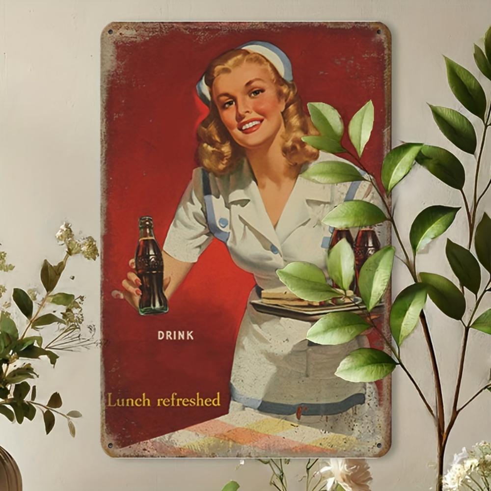 Vintage 1950s Style Metal Sign: "Drink - Lunch refreshed" Iron Artwork Decorative Wall Plaque for Restaurants, Cafes, Bars