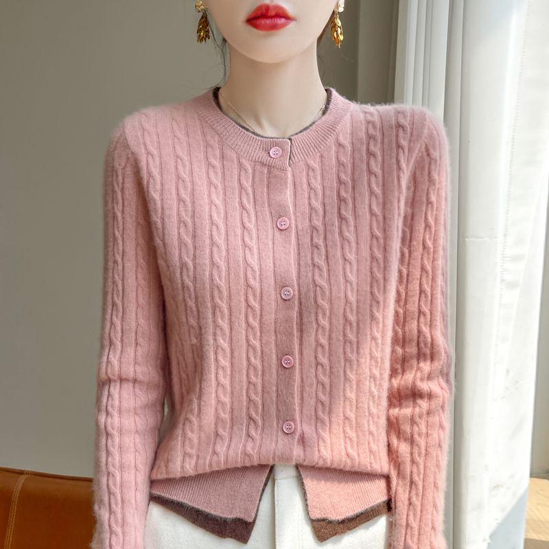 Autumn and Winter Women's Round Neck Color Matching Fake Two Cardigan Loose Twist Cashmere Sweater Knit Top