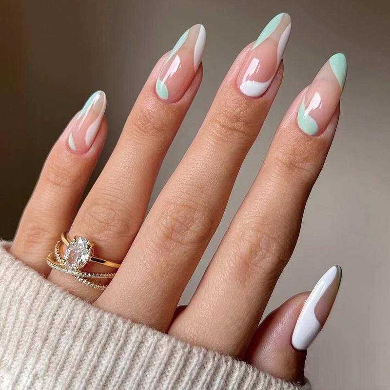 Minimalist French Green & White Wearable Nail Art Stickers