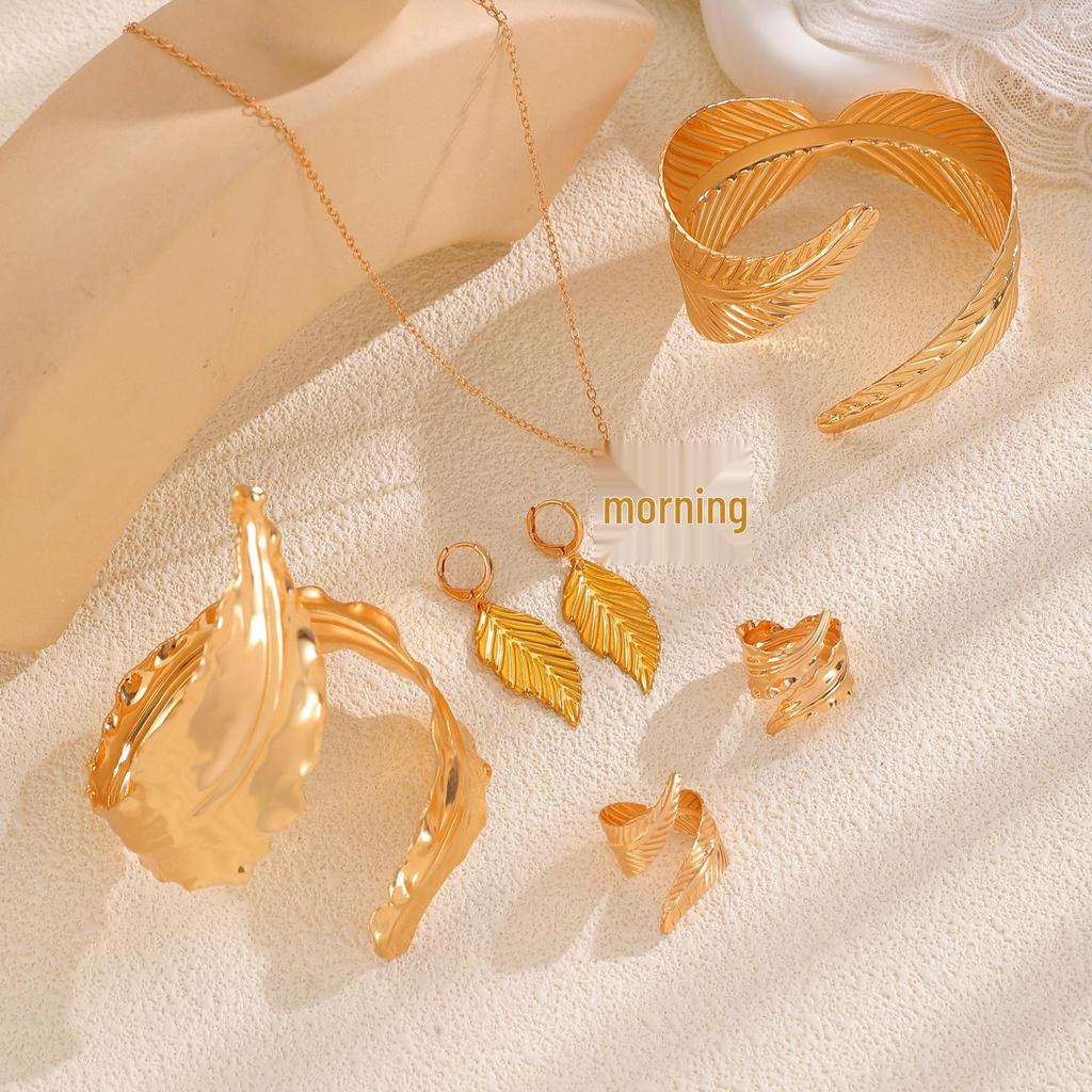 Gold Leaf Open Bracelet Ring & Earring Necklace Set - Women's Fashion Trend