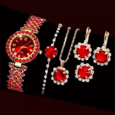 6PCS Elegant Women's Fashion Jewelry and Watch Set, Ladies Blue Rhinestone Dial Quartz Wristwatch,Female Jewelry Watches Set