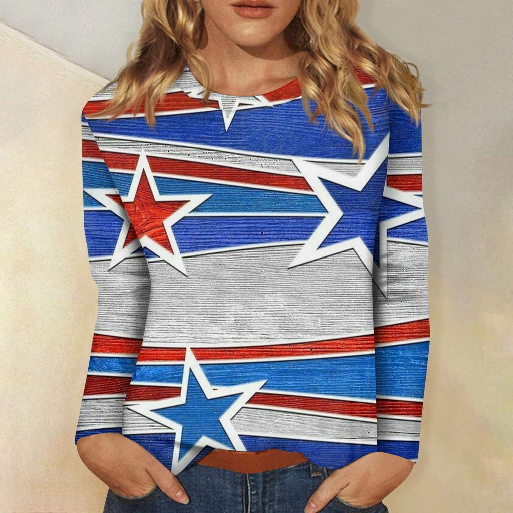Womens Spring Tops Long Sleeve Patchwork Star Print Casual Crewneck Summer Shirts for Women Comfortable Fit