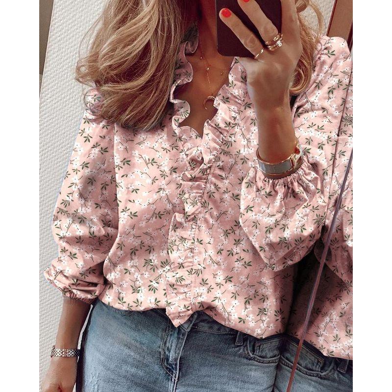 Long-Sleeved Ruffled Shirt for Women Long Sleeves Ruffles V-neck Shirt Shirt