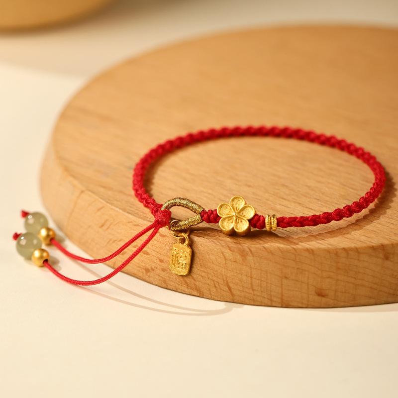 Natural Hetian Jade Peach Blossom Red Rope Bracelet for Women, Light Luxury Niche Exquisite Ladies' Zodiac Jewelry