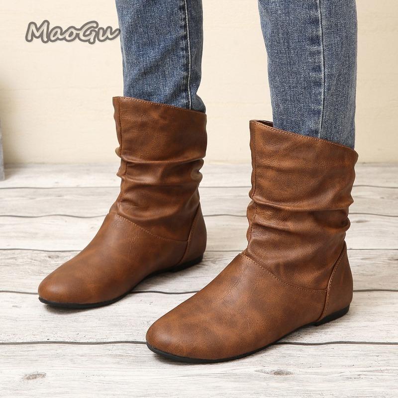 Size 36-42 Autumn Women Leather Short Boots Slip on Pleated Round Toe Low Heel Women's Boots Botines Para Mujeres Botas