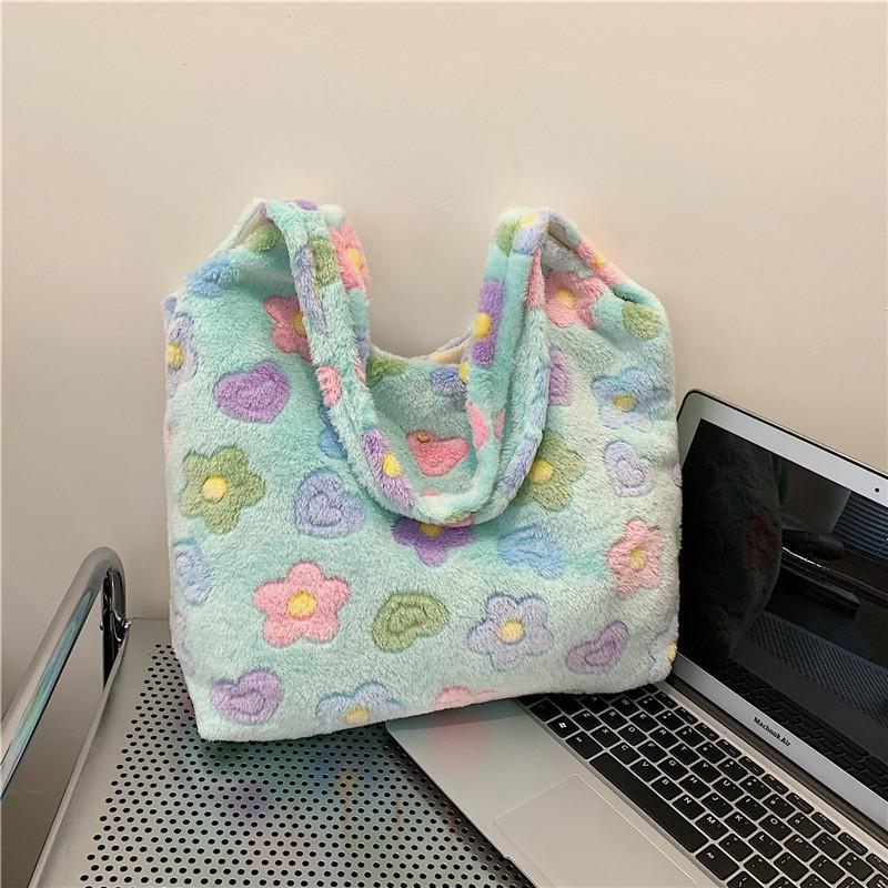 Simple Yet Stylish Soft Plush Tote Handbag For Women In Blue Beige Pink синий