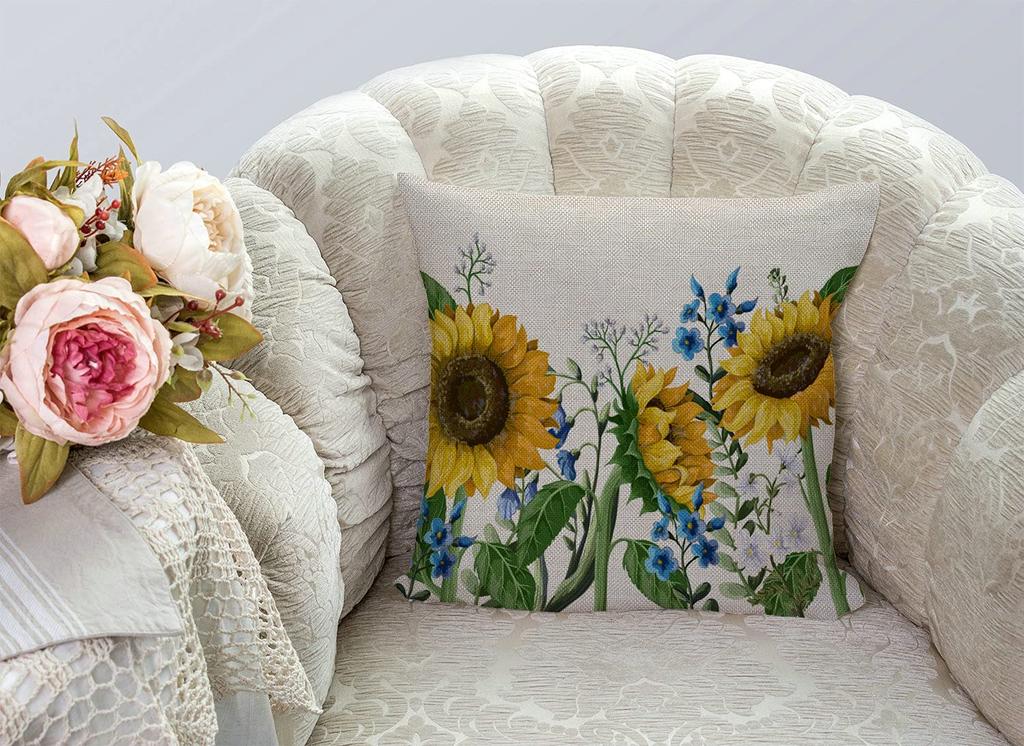 Watercolor Sunflower Pillow Cover Yellow Floral Wildflower Print Cushion Case For Sofa Bed Couch Rustic Farmhouse Home Decor
