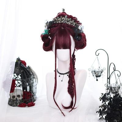 Ladies Long Hair Burgundy Wave Bangs Wig Lolita Cosplay Synthetic Hair High Temperature Resistance