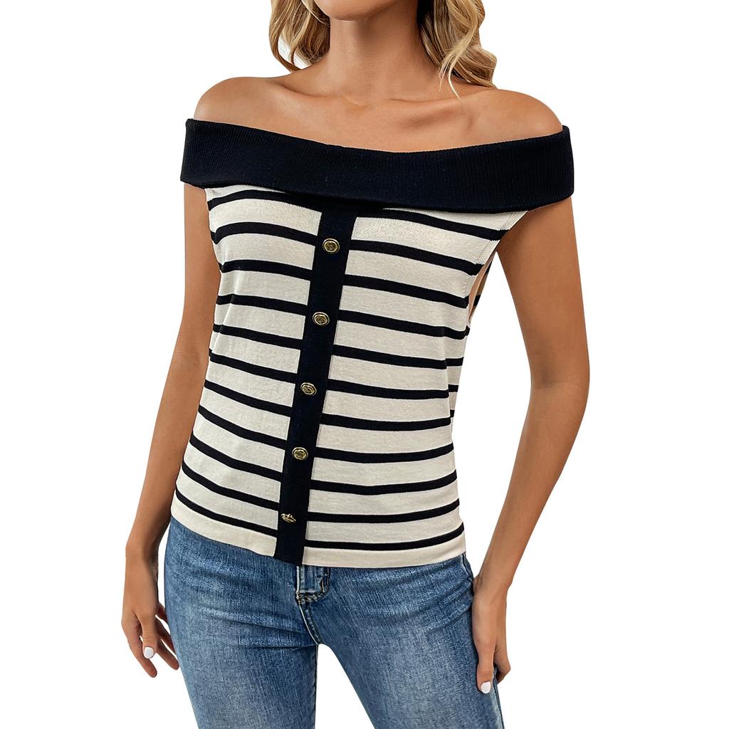 Women's Fashion Spliced Pullover Striped Off Shoulder Short Sleeve Sweater Top