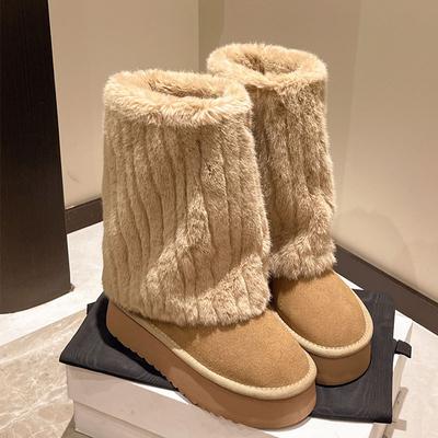 Damen Flauschige Schneestiefel Winter Plüsch Warme Mid-Calf Stiefel Slip-On Design Sockenstiefel für Damen High Top Baumwollschuhe Botas Mujer